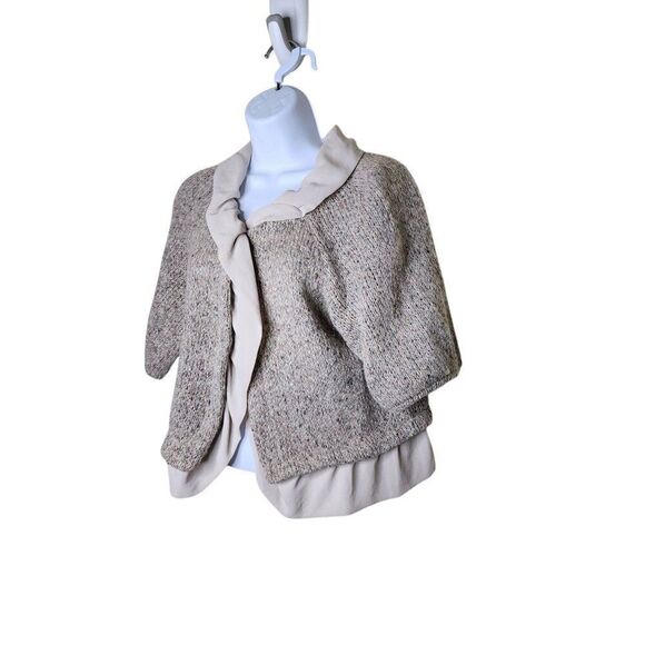 Dessin Short Sleeve Cropped Cardigan Womens L Beige Ivory Ruffle - Picture 3 of 7